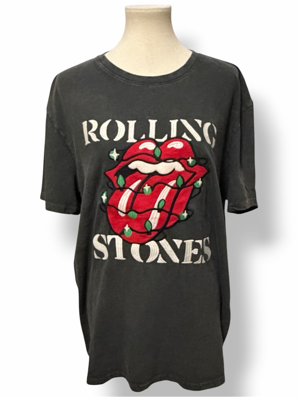 Lucky Brand x Rolling Stones Embroidered Lips & Lights Logo Tee XL Raven/Grey